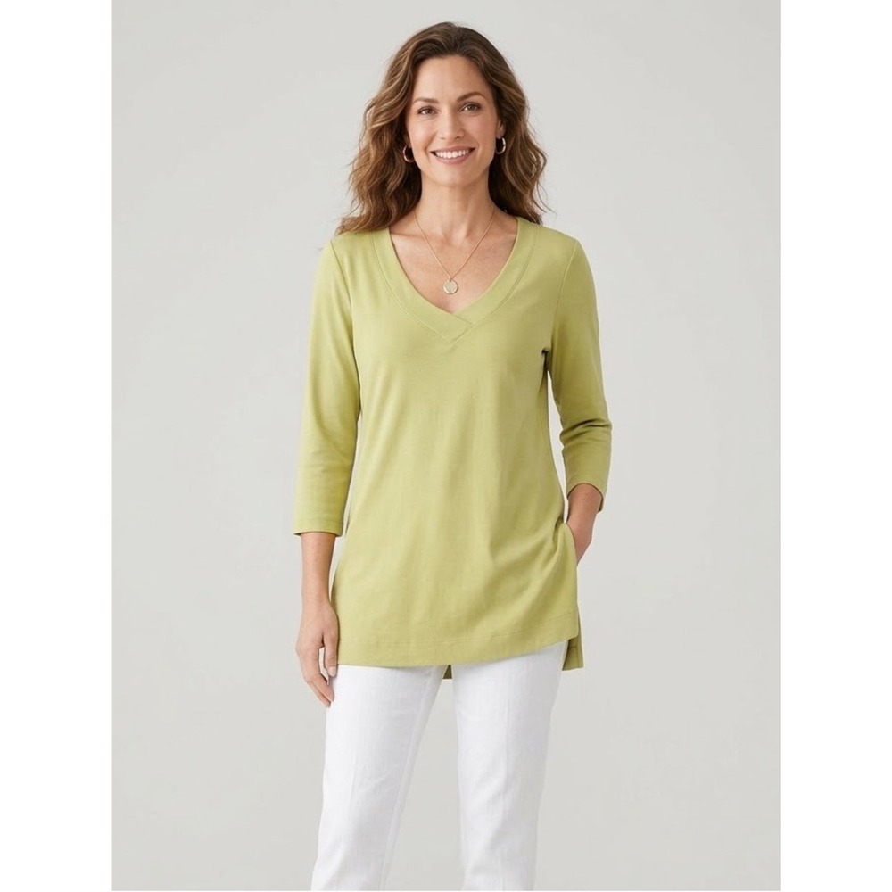 J.Jill Olive Chartreuse Perfect Pima Cotton V-Neck Tunic Top M Coastal Layering